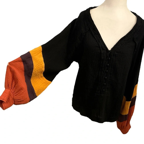 Fate Color Block Cotton Gauze Pullover V-Neck Balloon Long Sleeve Shirt Top S - Picture 6 of 14